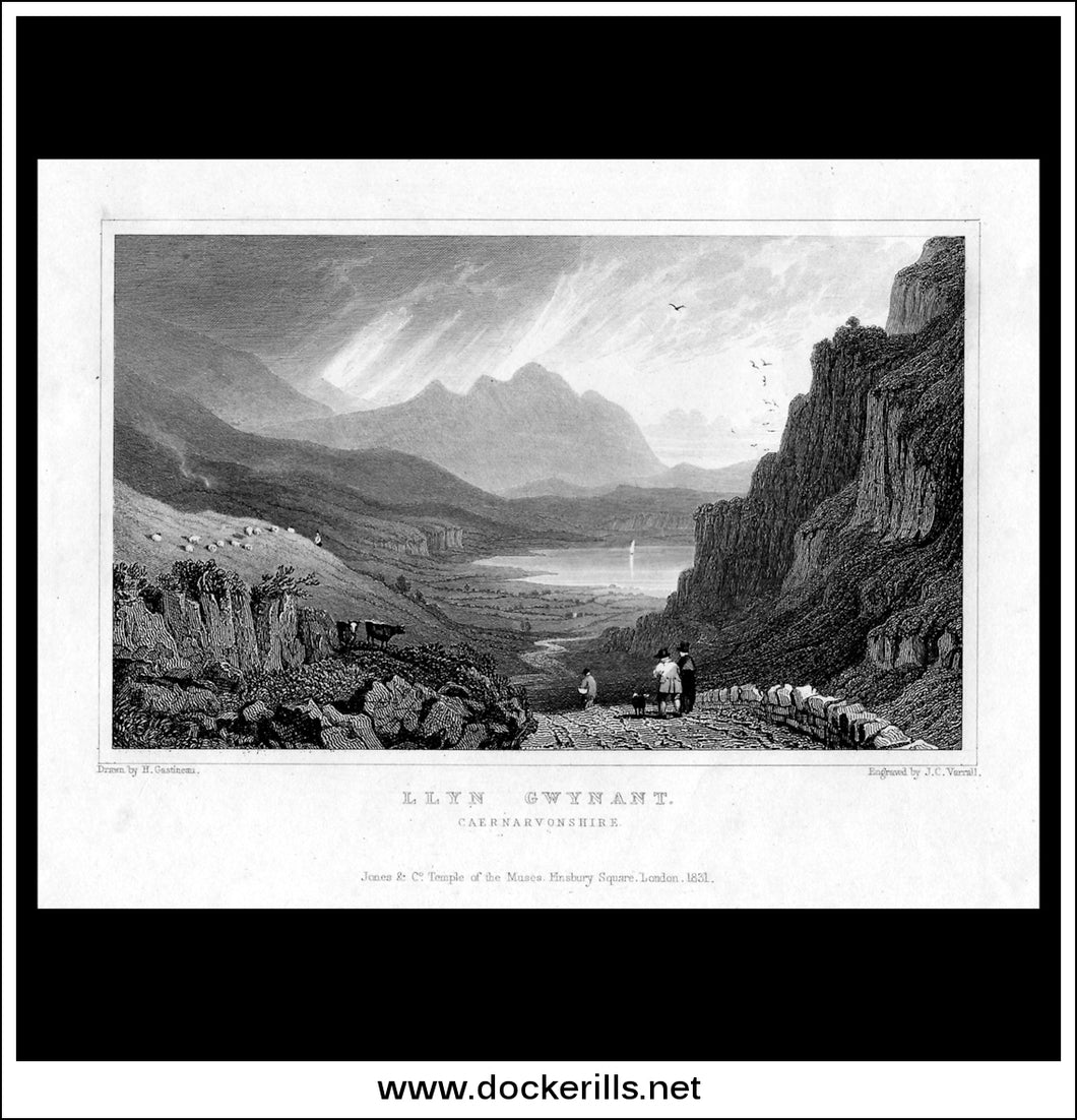 Llyn Gwynant, Caernarvonshire, Wales. Antique Print, Steel Engraving c. 1830.