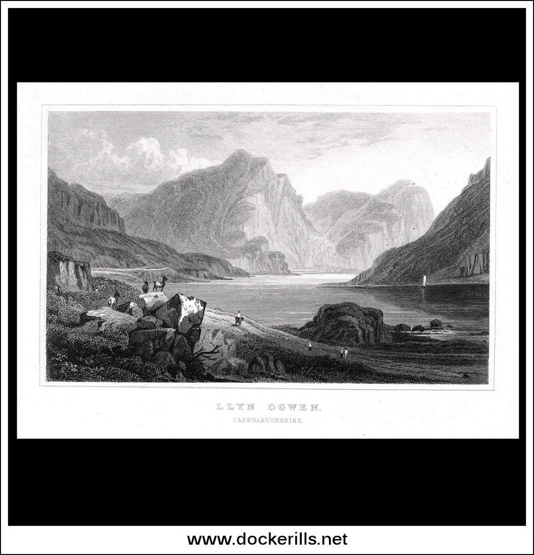 Llyn Ogwen, Caernarvonshire, Wales. Antique Print, Steel Engraving c. 1830.