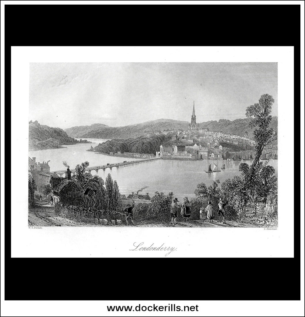 Londonderry, Co. Antrim, Northern Ireland. Antique Print, Steel Engraving c. 1840.