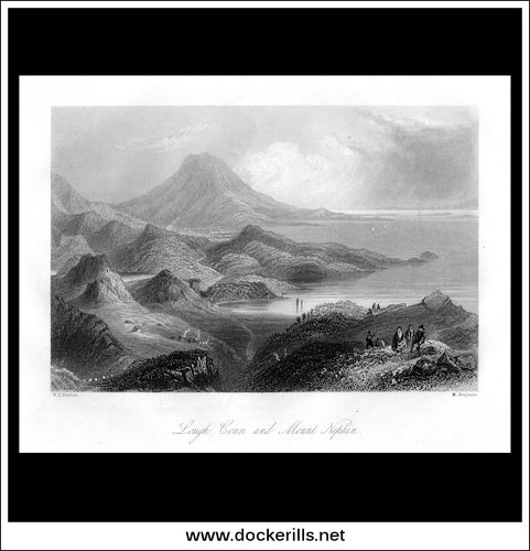 Lough Conn & Mount Nephim, Co. Mayo, Ireland. Antique Print, Steel Engraving c. 1840.