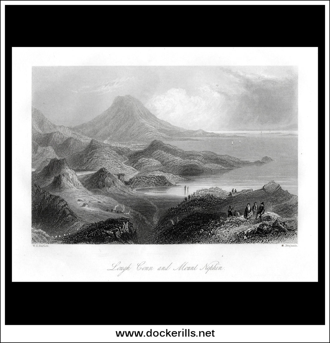 Lough Conn & Mount Nephim, Co. Mayo, Ireland. Antique Print, Steel Engraving c. 1840.