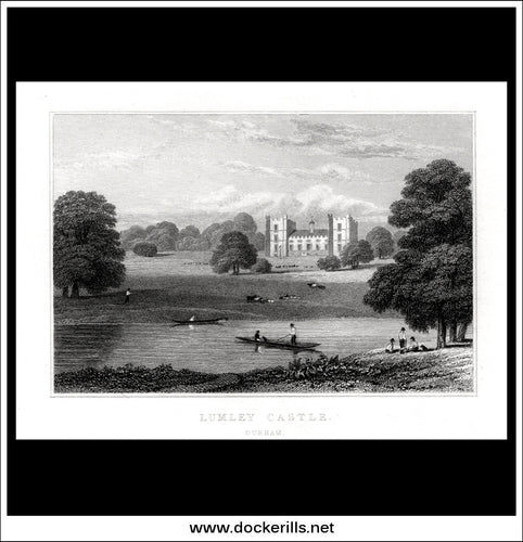 Lumley Castle, County Durham, England. Antique Print, Steel Engraving c. 1830.
