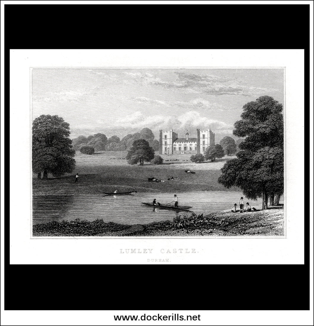 Lumley Castle, County Durham, England. Antique Print, Steel Engraving c. 1830.