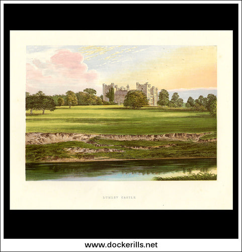 Lumley Castle, Near Chester-Le-Street, Durham, England. Antique Print, Chromoxylograph 1880.