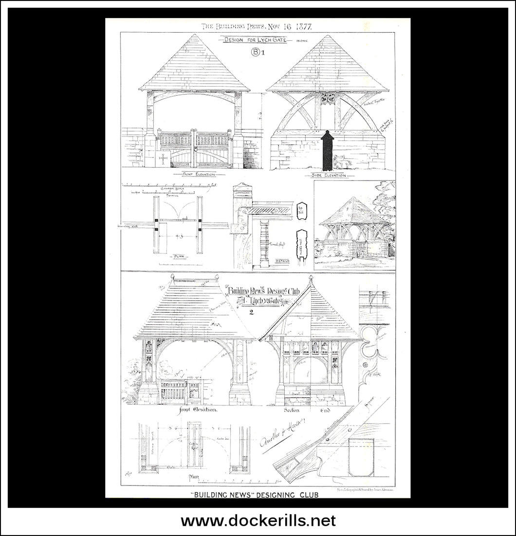 Lychgate Designs - The Building News. Antique Print, Lithograph 1877.