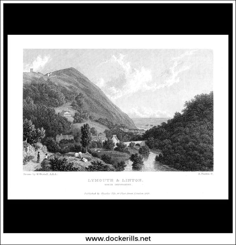 Lymouth And Linton, North Devonshire, England. Antique Print, Steel Engraving 1829.