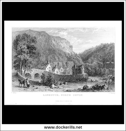 Lynmouth, North Devon, Devonshire, England. Antique Print, Steel Engraving 1832.