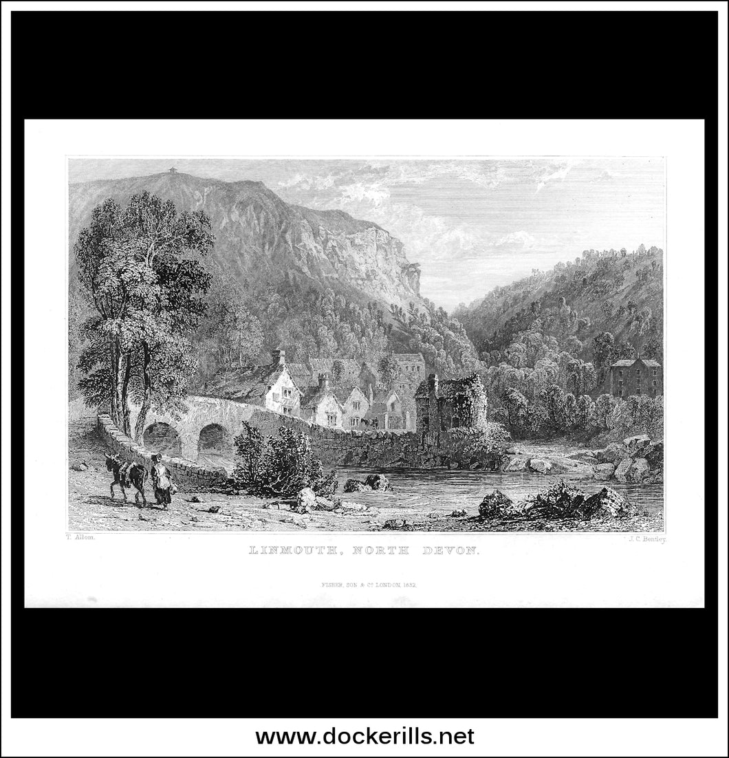 Lynmouth, North Devon, Devonshire, England. Antique Print, Steel Engraving 1832.