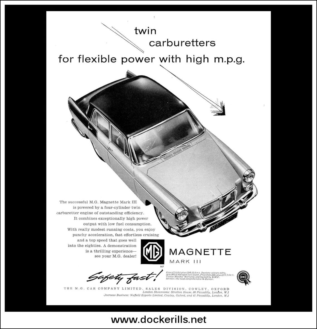 M.G. Magnette Mk III. BMC. Original Vintage Advert From January, 1960.