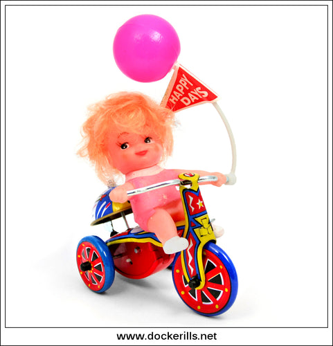 Girls Tricycle, Vintage Tin Plate Clockwork / Wind-Up Novelty Toy, MTU, Korea 1.