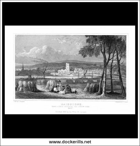 Maidstone From A Field Adjoining The London Road, Kent, England. Antique Print, Steel Engraving 1830.
