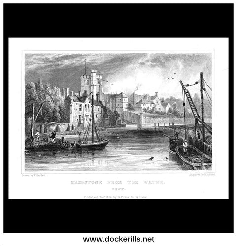Maidstone From The Water, Kent, England. Antique Print, Steel Engraving 1829.