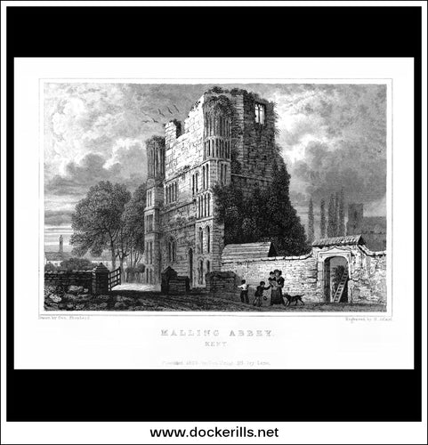 Malling Abbey, Kent, England. Antique Print, Steel Engraving 1829.