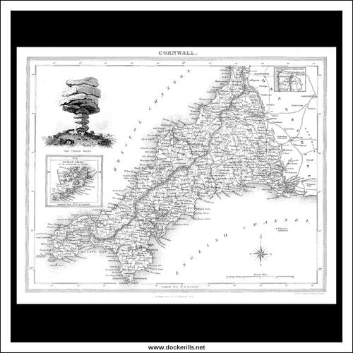 Map Of Cornwall, England. Antique Map, Steel Engraving R.R. Davies 1832.