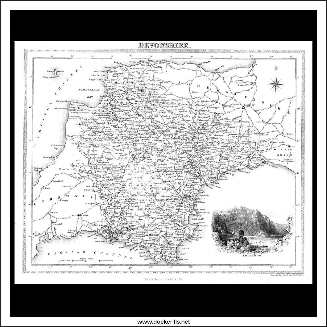 Map Of Devonshire, England. Antique Map, Steel Engraving J.&C. Walker 1831.