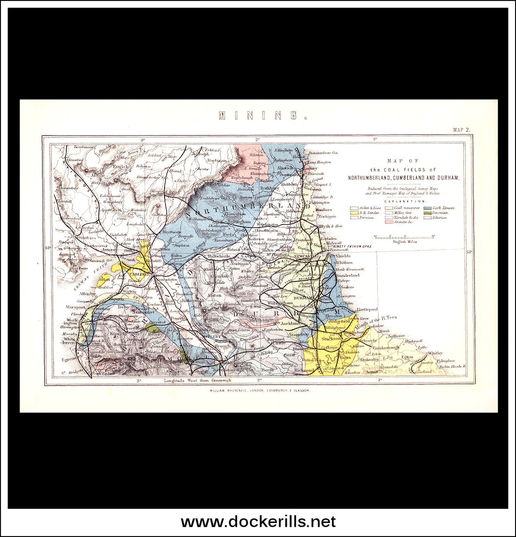 Map Of The Coal Fields Of Northumberland, Cumberland & Durham. Antique Print, Chromolithograph c. 1880.