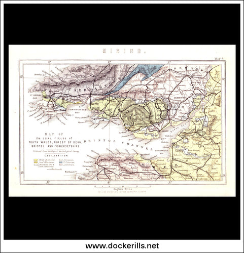 Map Of The Coal Fields Of South Wales, Forest Of Dean, Bristol & Somersetshire. Antique Print, Chromolithograph c. 1880.