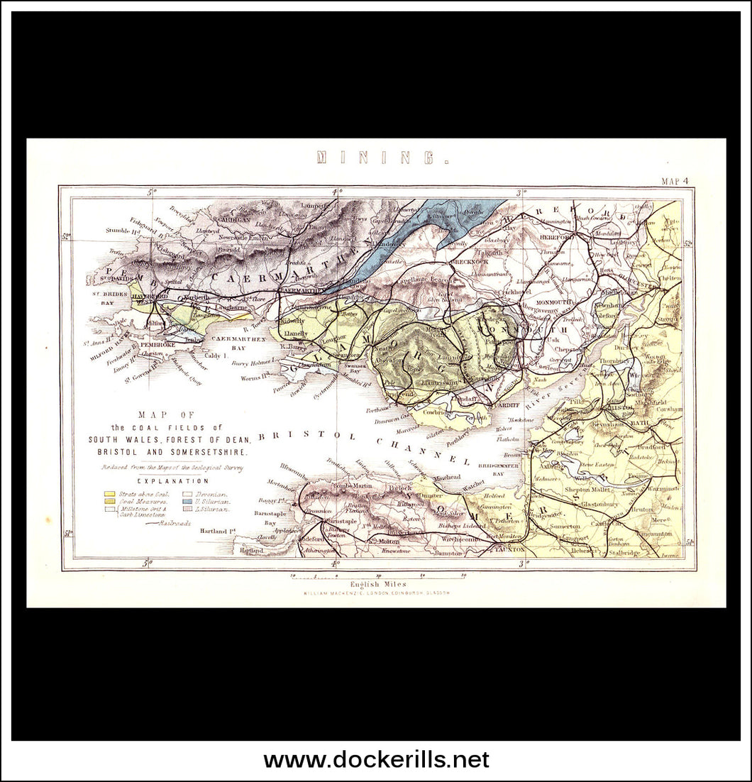 Map Of The Coal Fields Of South Wales, Forest Of Dean, Bristol & Somersetshire. Antique Print, Chromolithograph c. 1880.
