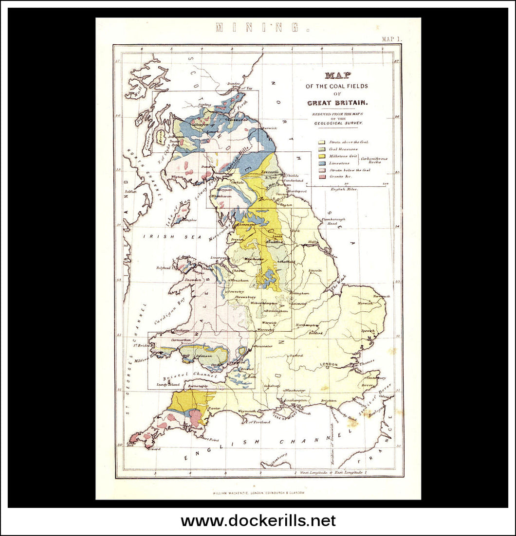 Map Of The Coal Fields Of Great Britain. Antique Print, Chromolithograph c. 1880.