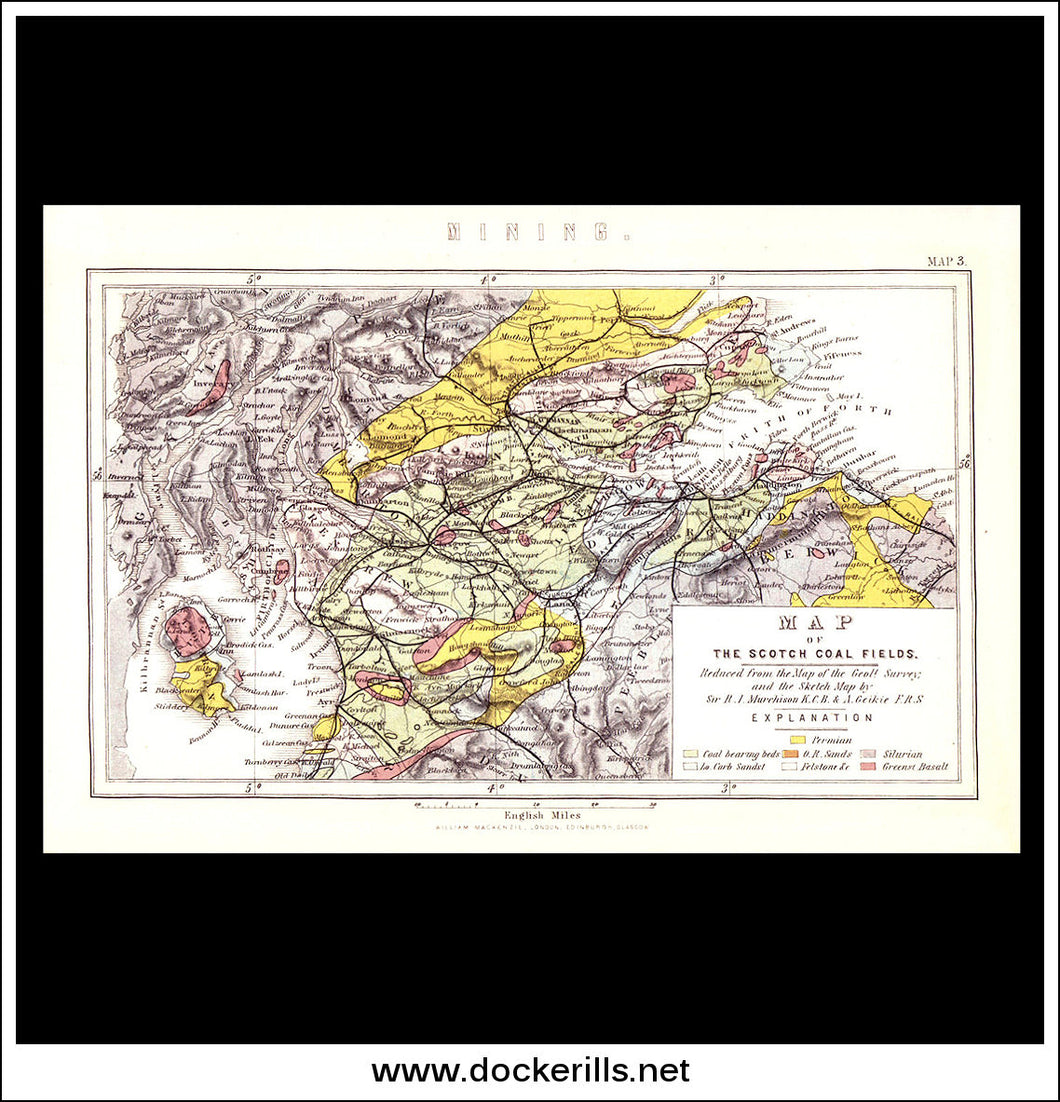 Map Of The Scotch Coal Fields. Antique Print, Chromolithograph c. 1880.