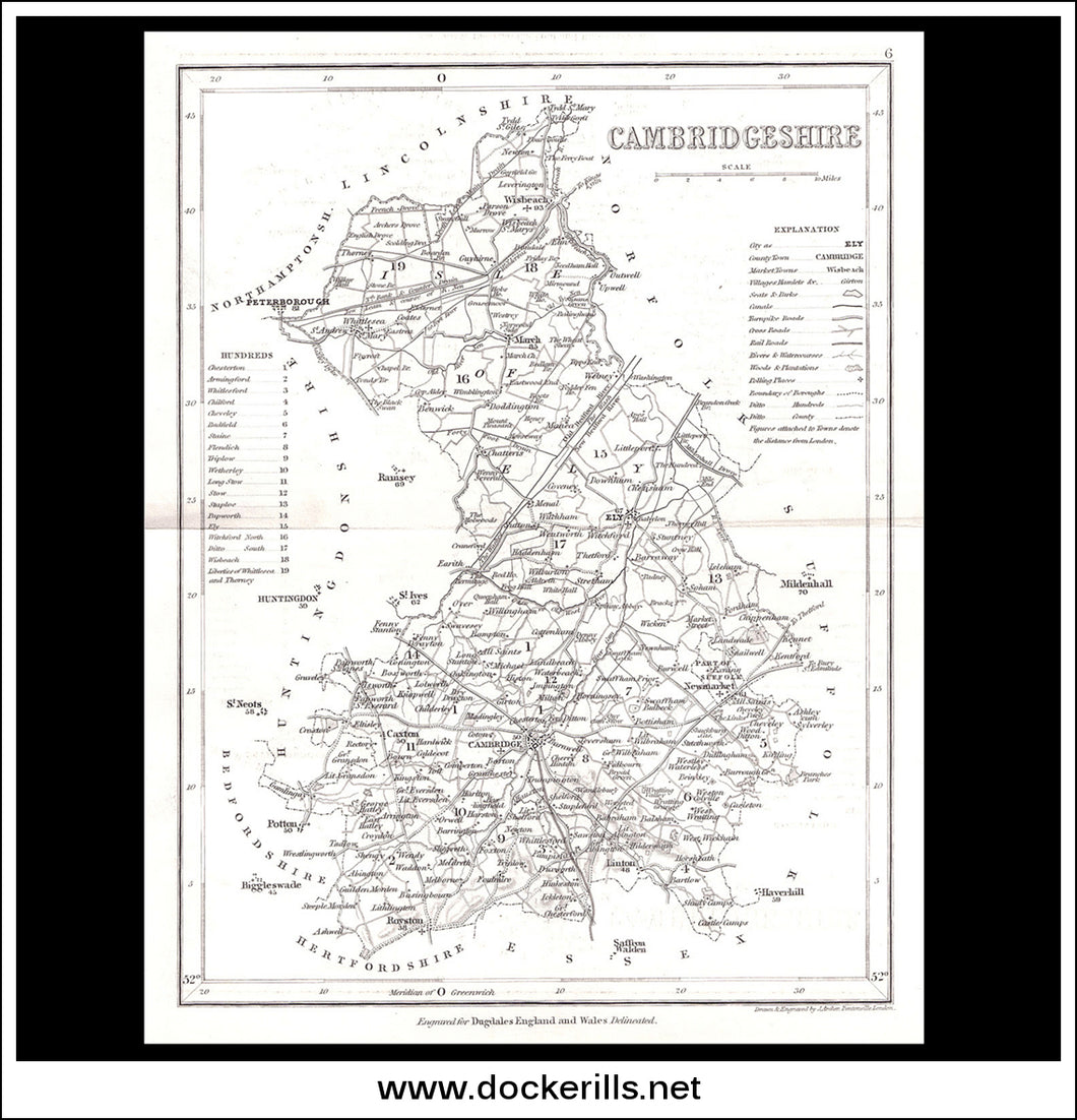 Map Of Cambridgeshire, England. Antique Map, Steel Engraving. Dugdales, 1846.