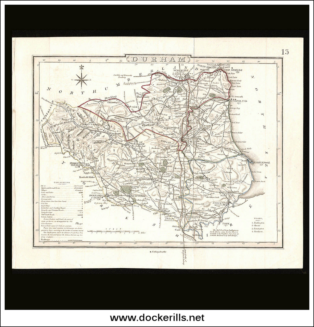 Map Of Durham, England. Antique Map, Copper Plate Engraving. G. Cole & J. Roper c. 1805.