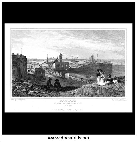 Margate Pier & Light House, Kent, England. Antique Print, Steel Engraving 1830.
