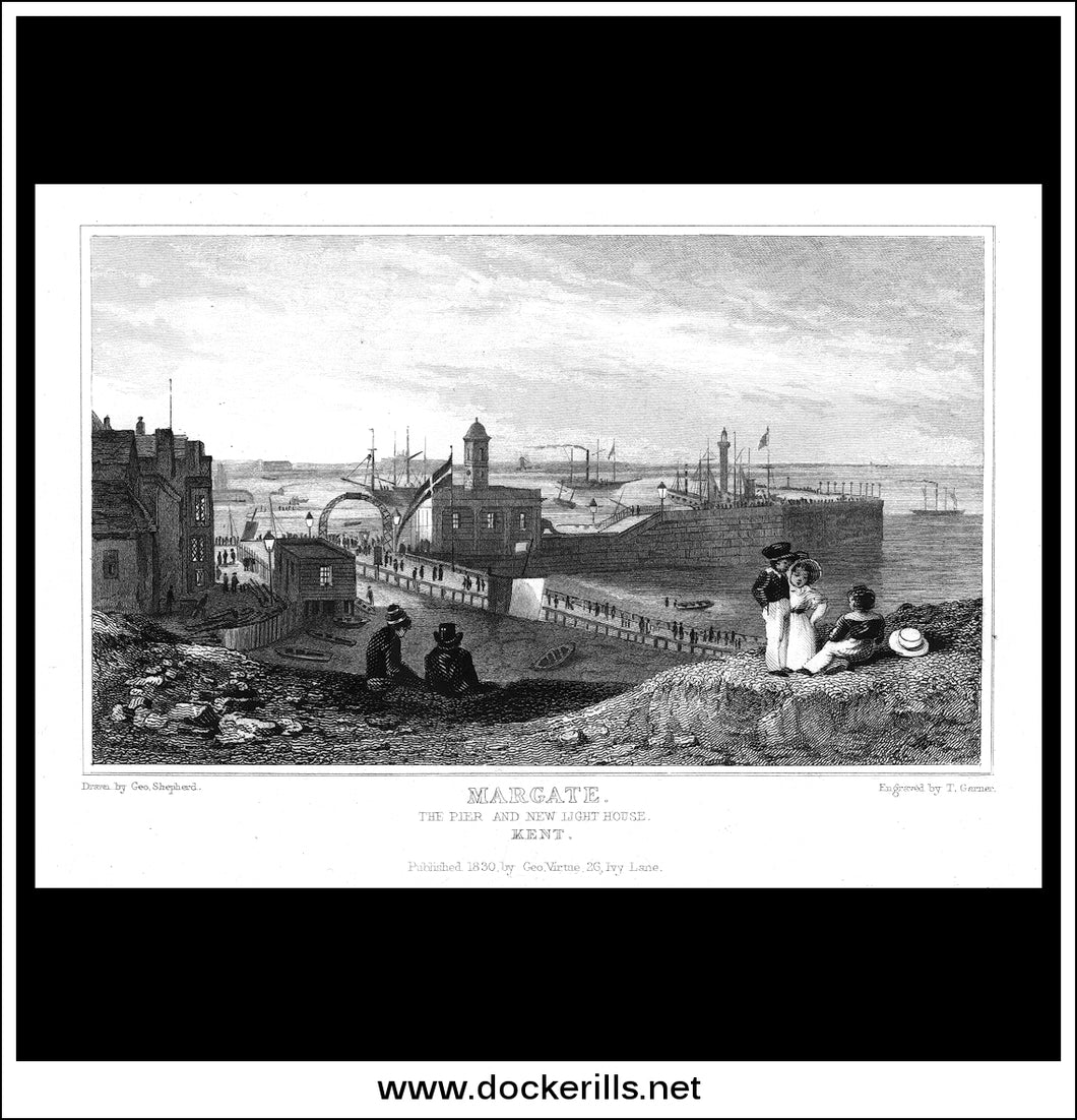 Margate Pier & Light House, Kent, England. Antique Print, Steel Engraving 1830.