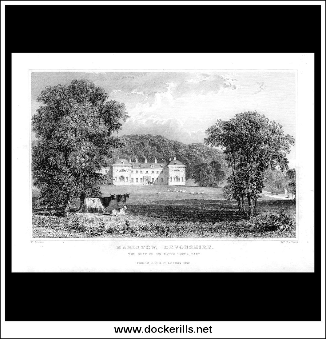 Maristow, Devonshire, England. Antique Print, Steel Engraving 1832.