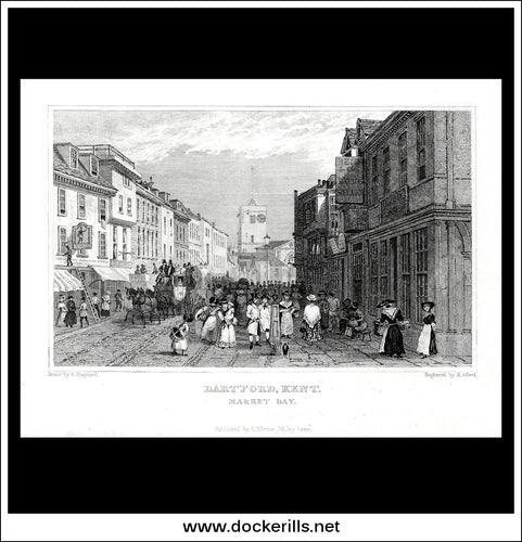 Market Day, Dartford, Kent, England. Antique Print, Steel Engraving c. 1830.
