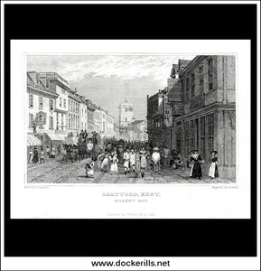 Market Day, Dartford, Kent, England. Antique Print, Steel Engraving c. 1830.
