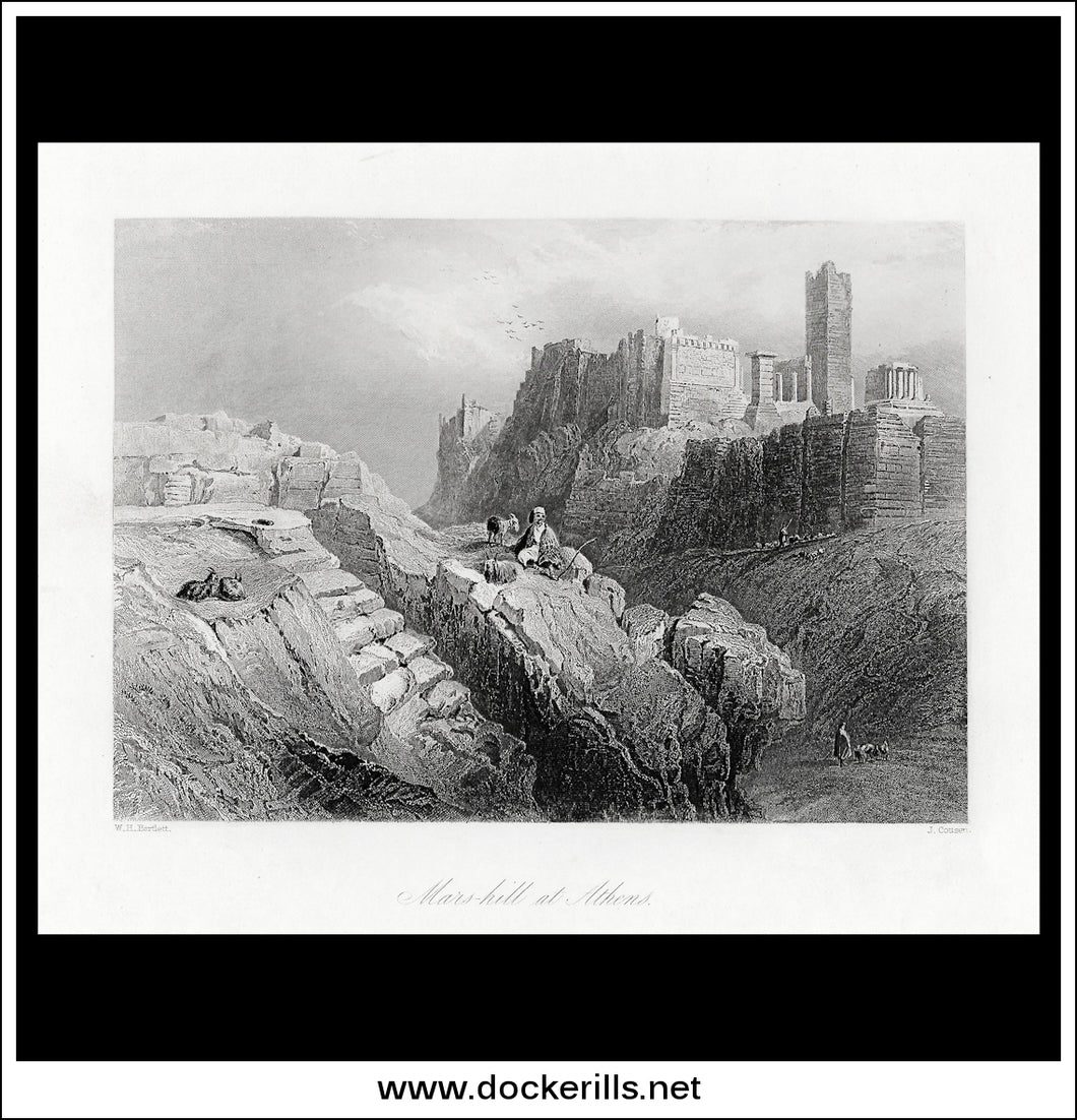 Mars Hill At Athens. Greece. Antique Print, Steel Engraving 1847.