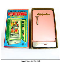 Vintage Style Refrigerator With Freezer. Vintage Tin Plate Battery Operated Novelty Toy, Maruyoshi, Japan 1.