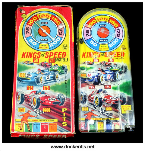Kings Of Speed Bagatelle. Vintage Tin Plate Backed Bagatelle Game, Marx, Great Britain. 1960's Racing Car Theme.