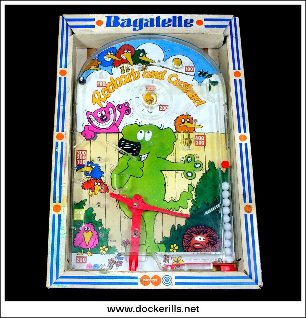 Rhubarb & Custard. Vintage Tin Plate Backed Bagatelle Game, Marx, Great Britain.