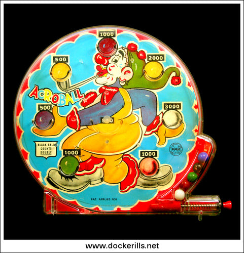 The Acroball Bagatelle. Vintage Tin Plate Backed Bagatelle Game, Marx, Great Britain 1.