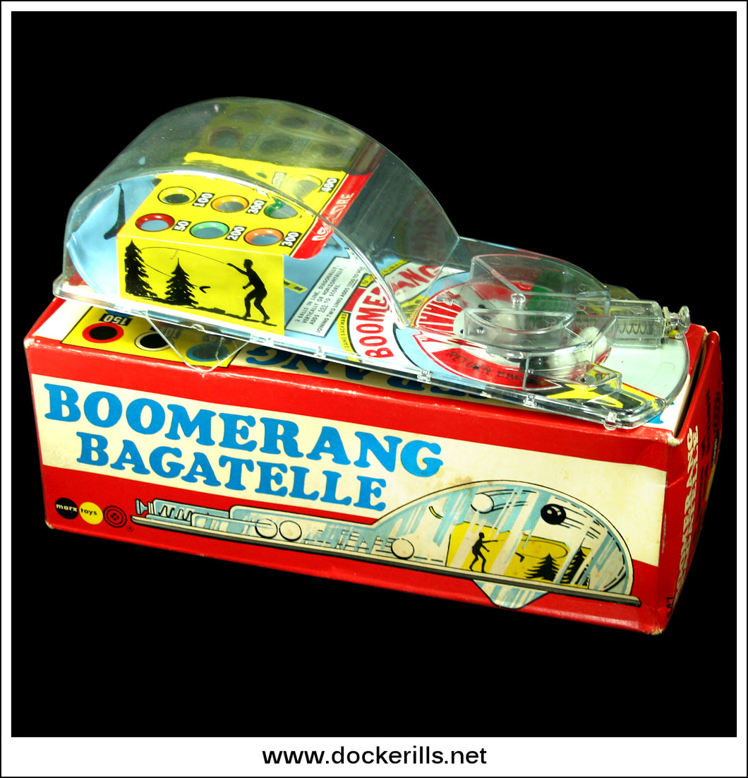 Boomerang Bagatelle. Vintage Tin Plate Backed Bagatelle Game, Marx, Great Britain.