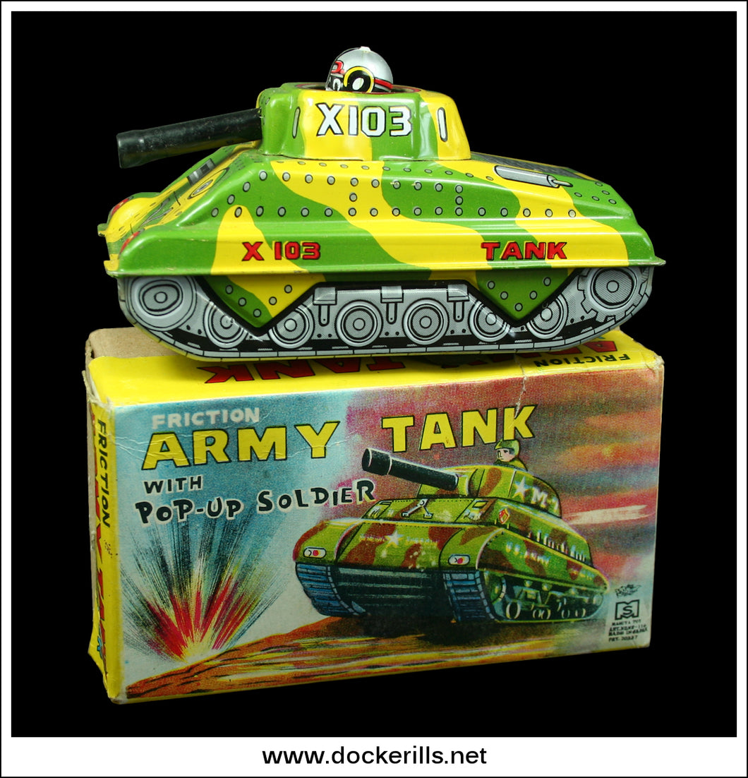 Army Tank With Pop-Up Soldier. Vintage Tin Plate Clockwork / Wind