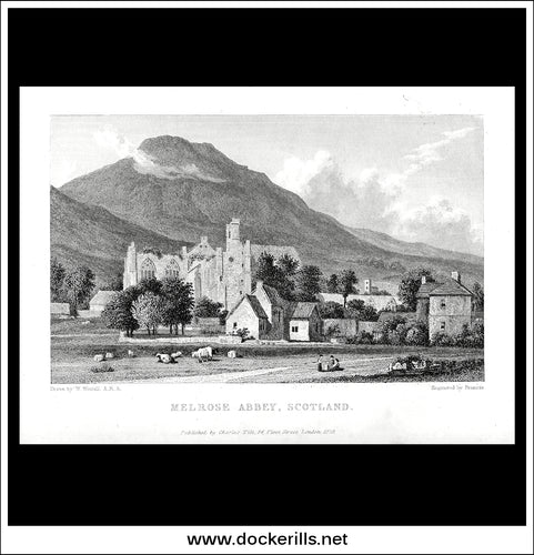 Melrose Abbey, Roxburghshire, Scotland. Antique Print, Steel Engraving 1829.