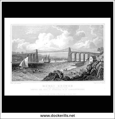 Antique Print Menai Bridge, From The Anglesea Side, Caernarvonshire, Wales, Steel Engraving c. 1830.