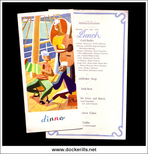 Lunch & Dinner Menus From M.S. Venus, Bergen Steamship Co. April 3rd-10th 1952. Ocean Liner 1.