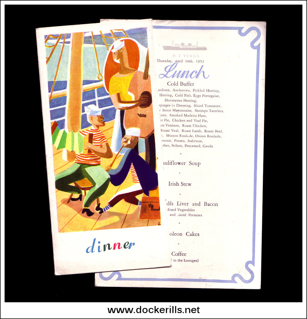 Lunch & Dinner Menus From M.S. Venus, Bergen Steamship Co. April 3rd-10th 1952. Ocean Liner 1.