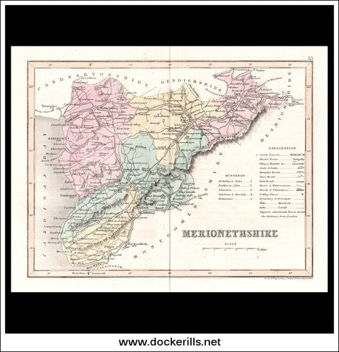 Map Of Merionethshire, Wales. Antique Print, Steel Engraving c. 1846.