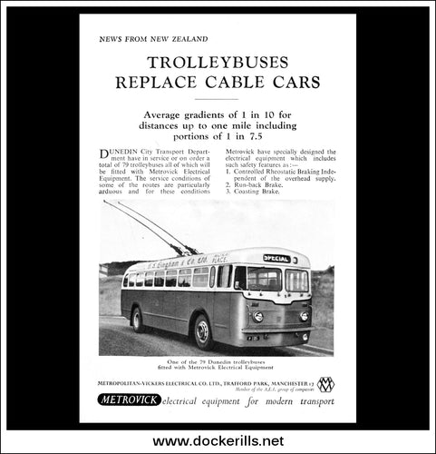 Metrovick / Metropolitan-Vickers Electrical Equipment / Trolleybuses. Original Vintage Advert From July, 1952. Dunedin, New Zealand