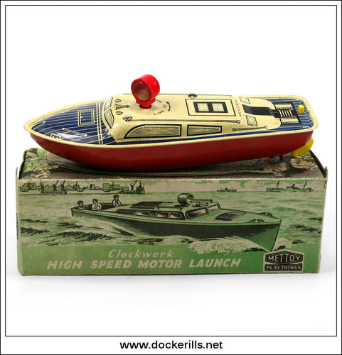 High Speed Motor Launch, Vintage Tin Plate Clockwork Boat, Mettoy, England. No. 6602 1.