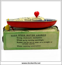 High Speed Motor Launch, Vintage Tin Plate Clockwork Boat, Mettoy, England. No. 6602 2.