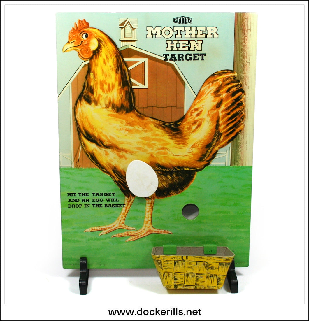 Mother Hen Target Game. Vintage Tin Plate Shooting Game, Mettoy, Great Britain.