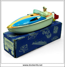 Hurricane Boat MS 7717. Vintage Clockwork Tin Plate Toy, Michael Seidel, West Germany.