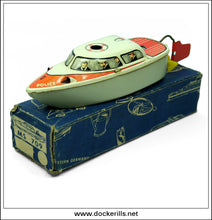 Police Boat MS 709. Vintage Clockwork Tin Plate Toy, Michael Seidel, West Germany 1.