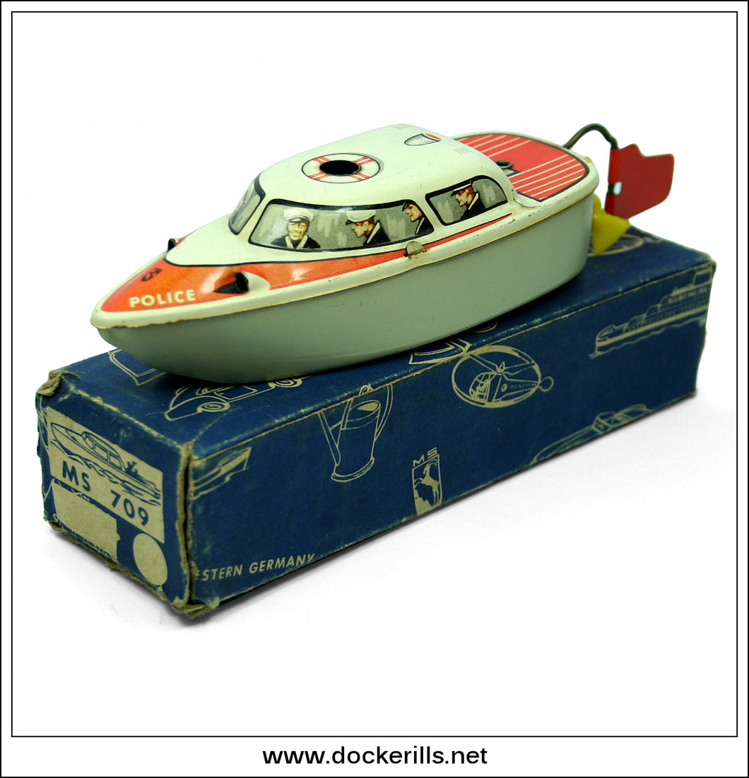 Police Boat MS 709. Vintage Clockwork Tin Plate Toy Michael Seidel W Dockerills